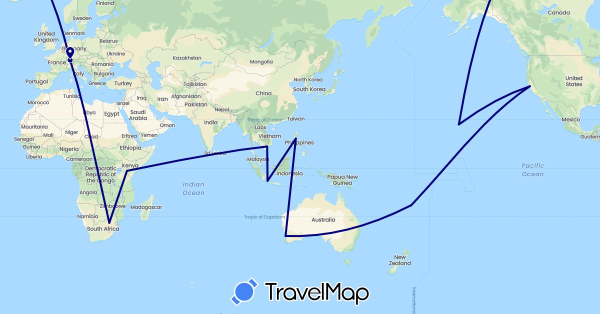 TravelMap itinerary: driving in Australia, Switzerland, Fiji, Indonesia, Kenya, Sri Lanka, Philippines, United States, Vietnam, South Africa (Africa, Asia, Europe, North America, Oceania)
